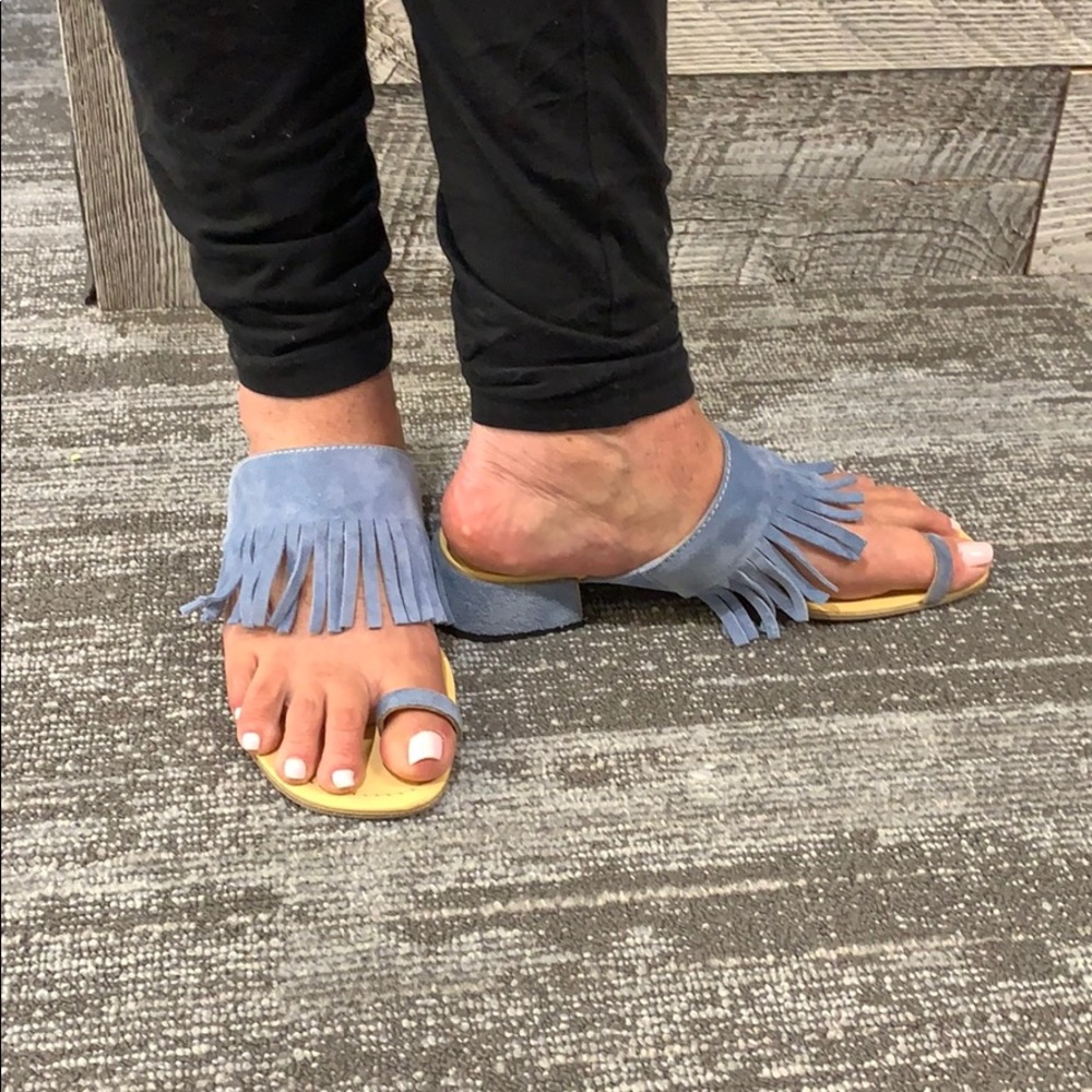 Miu Miu Light Blue Suede Fringe Sandals
